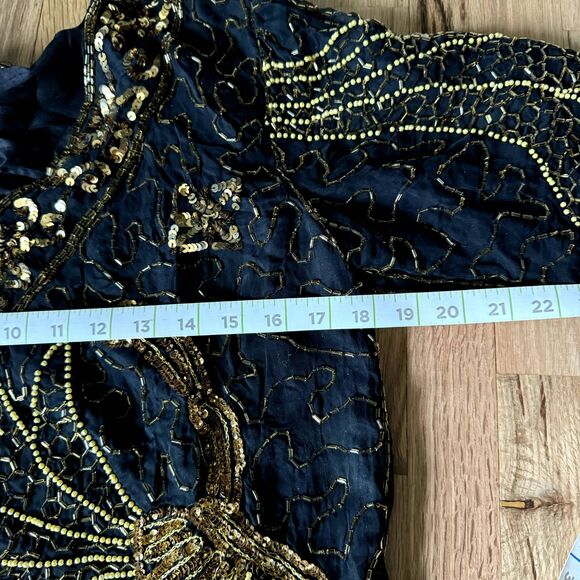 VINTAGE GOLD STAR M 70's beaded sequin gauze hollywood quarter sleeve blouse - Picture 8 of 9